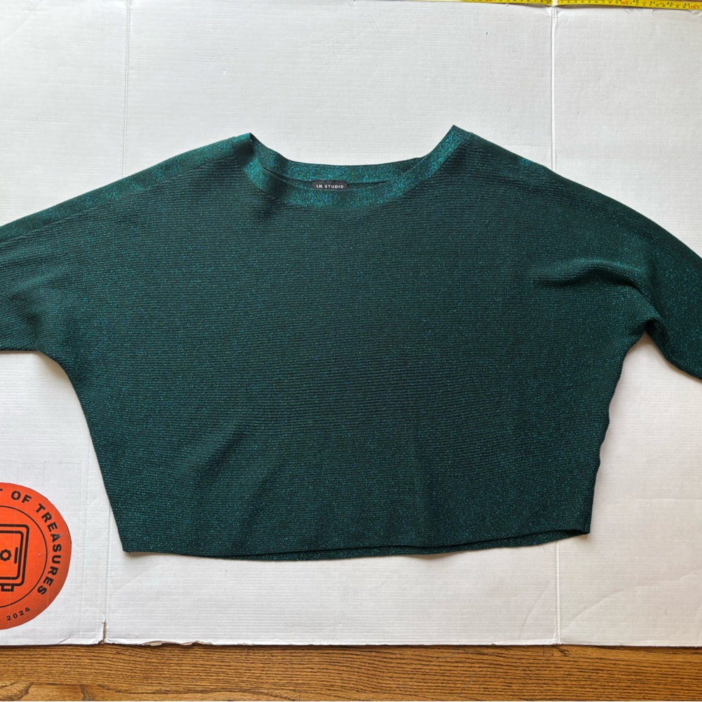 I.N. Studio Shimmery Dark Green Off-the-Shoulder Sweater‎